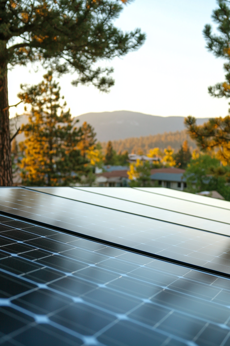 Transit Connect. Muted brown solar panel array on white, woodland park in background.