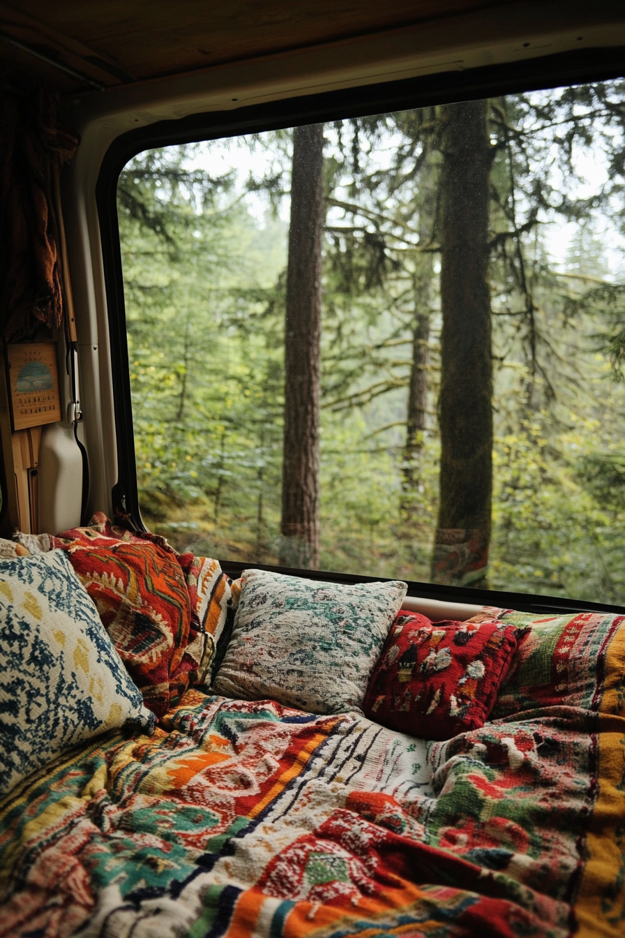 Ford Transit conversion. Woven textile lounge bed, surrounded by pine forest.