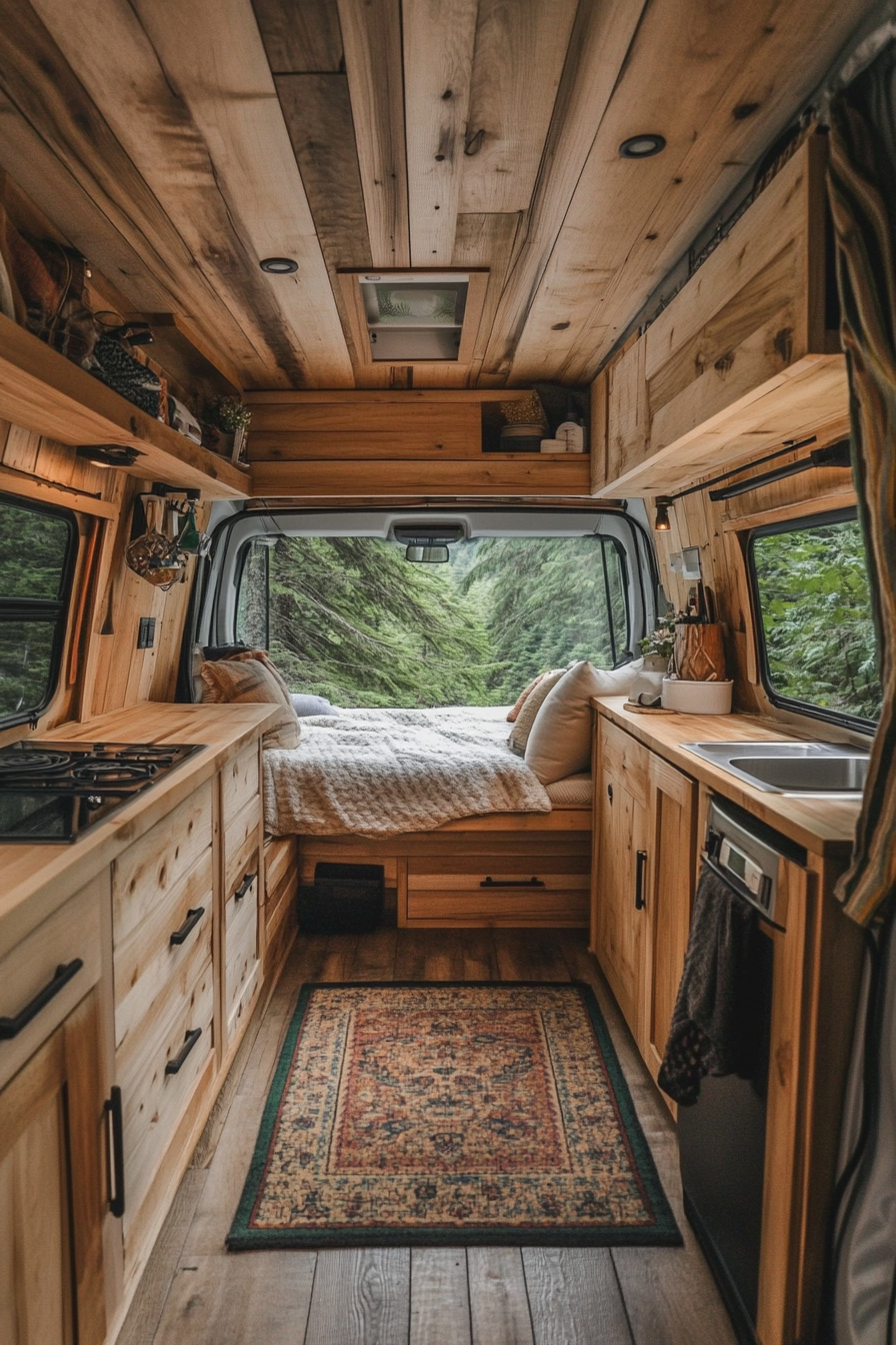 Dodge Ram Van interior. White oak cabinetry, hidden pulls, near a mountain stream camp.